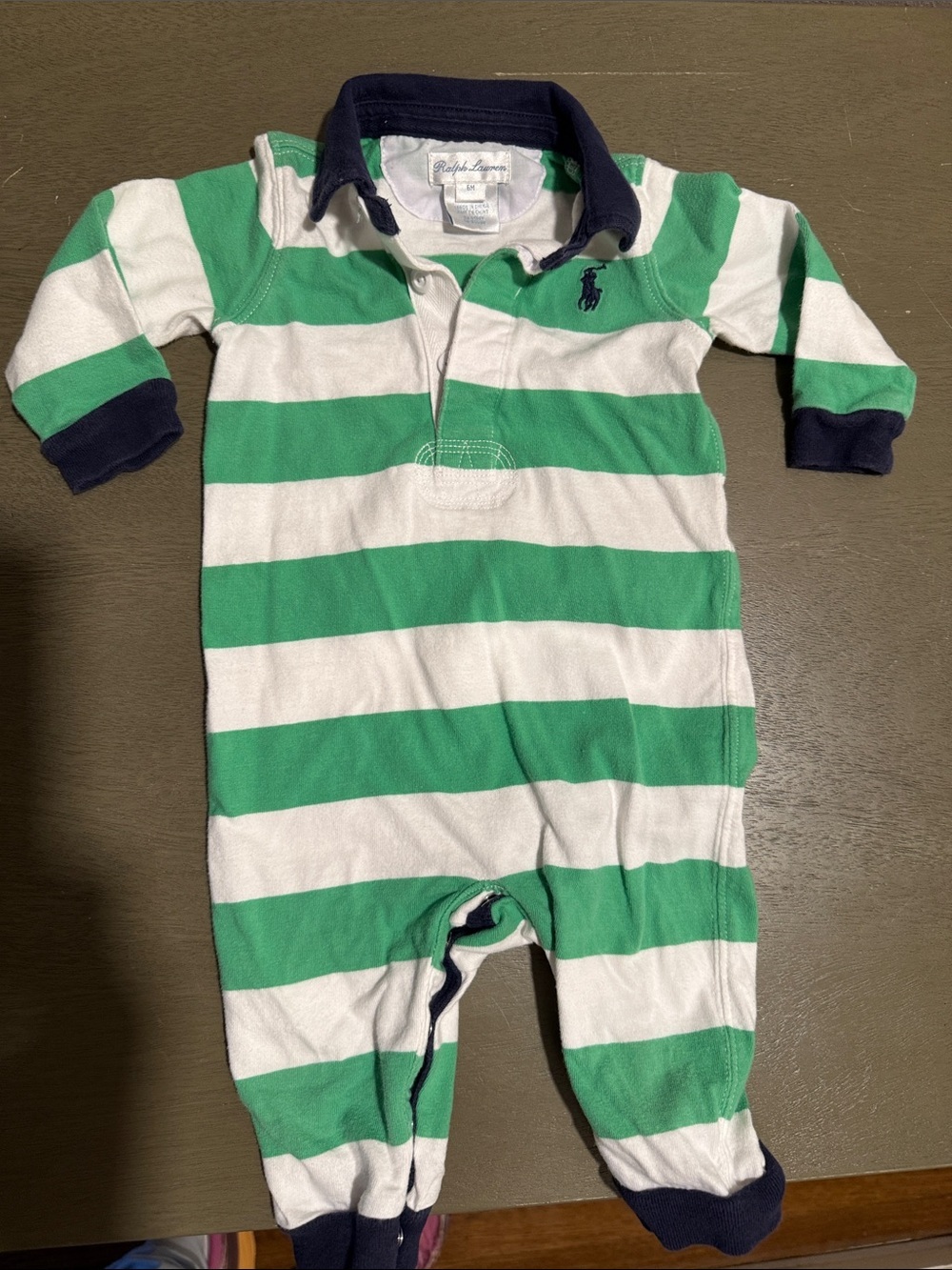 Ralph Lauren Green & White Striped Rugby Baby Bodysuit with Navy Trim size 6M